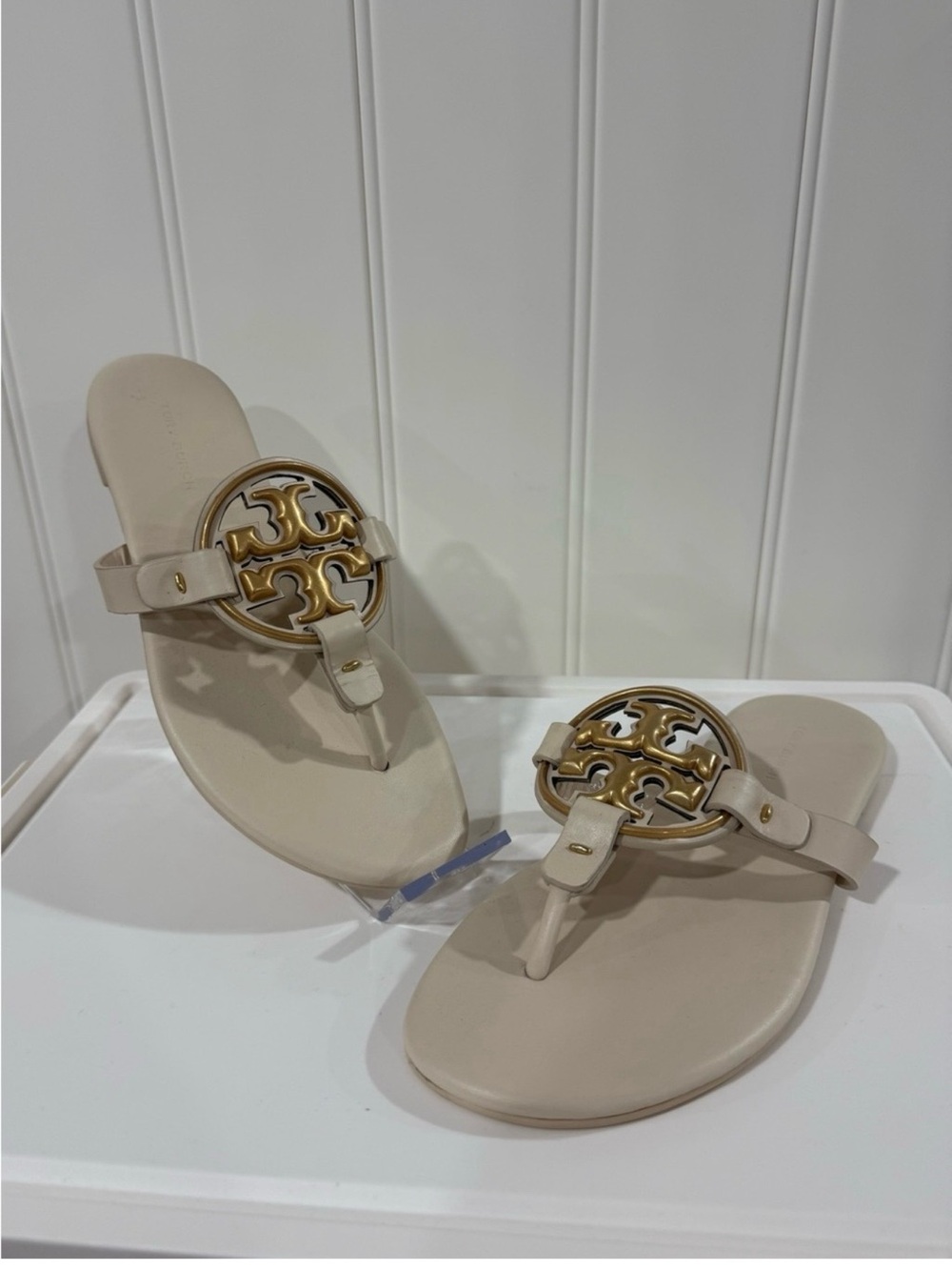 Tory Burch Cream Miller Thong Sandals with Gold Logo